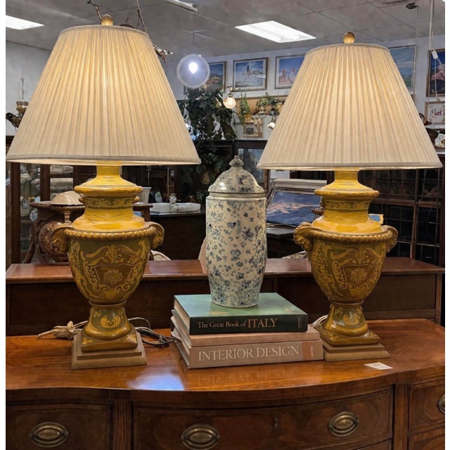 Pair of Vintage Italian Ochre Glazed Ceramic Ram’s Head Urn Table Lamps For Sale - Image 9 of 9