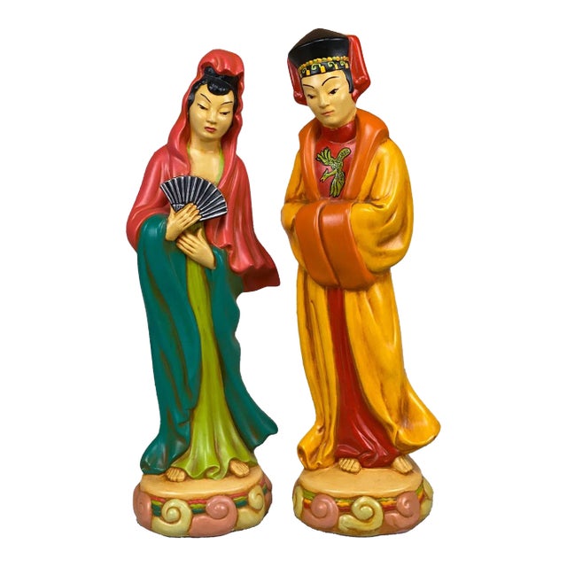 Vintage Chinese Immortal Figural Man & Women Pottery Sculptures - a Pair For Sale