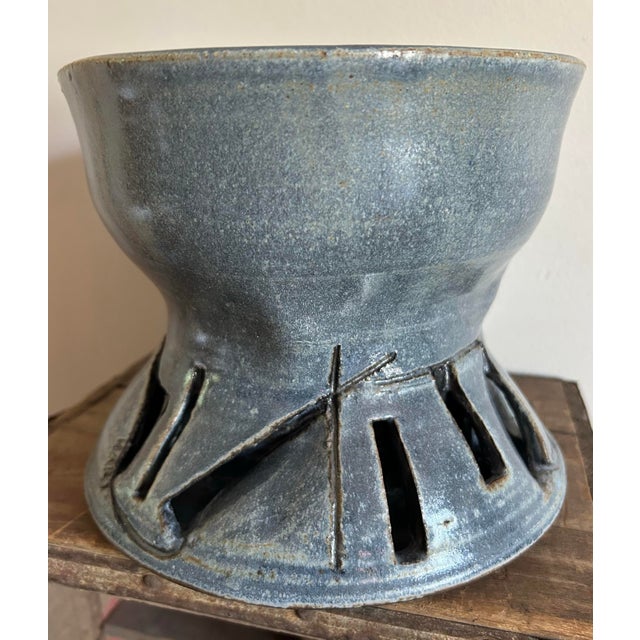 Blue 1970’s Modernist Glazed Pottery Planter Slate Blue ~ Artisan Made For Sale - Image 8 of 11