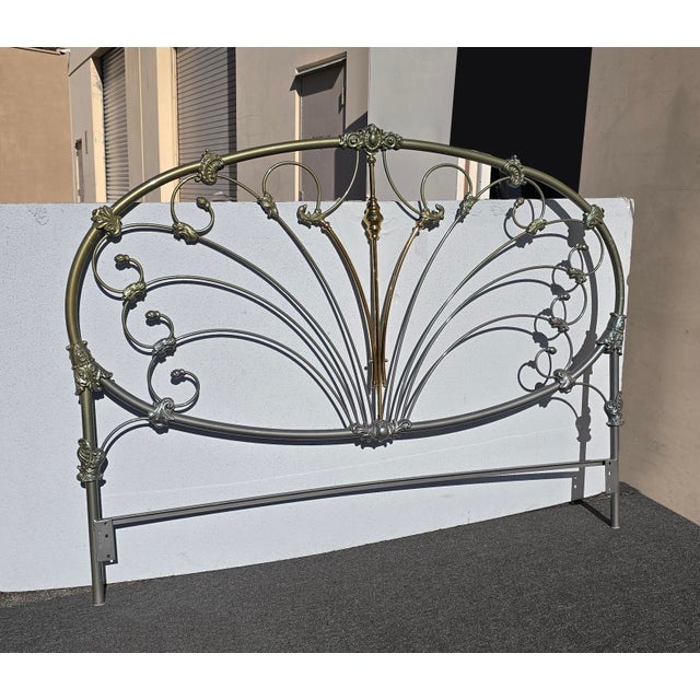 1980s Vintage French Elliott's Designs Iron Gold Silver King Headboard & Footboard For Sale - Image 5 of 12