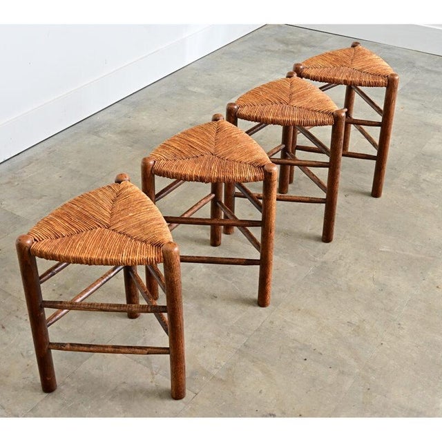 French Vintage Set of Four Oak and Rush Seat Triangular Stools For Sale - Image 4 of 9