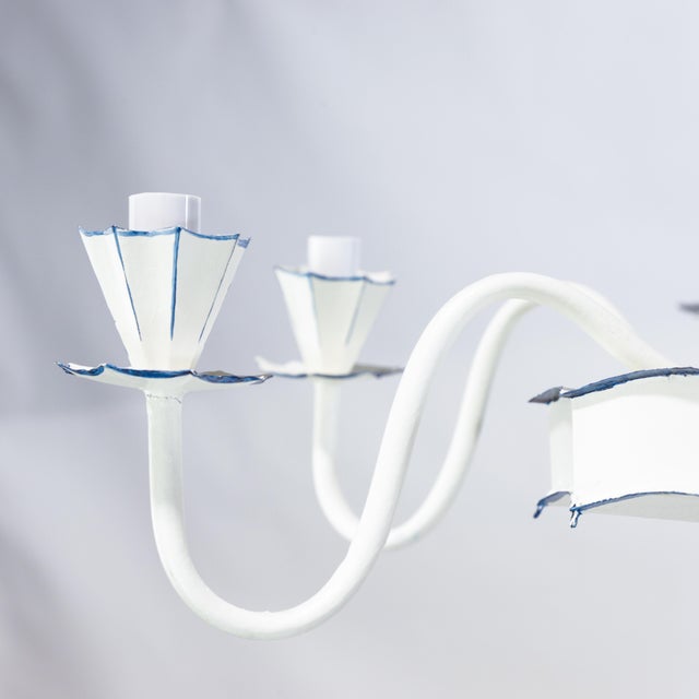 Art Deco Vintage Handmade White and Blue Iron 8-Light Pendant Chandelier For Sale - Image 3 of 10