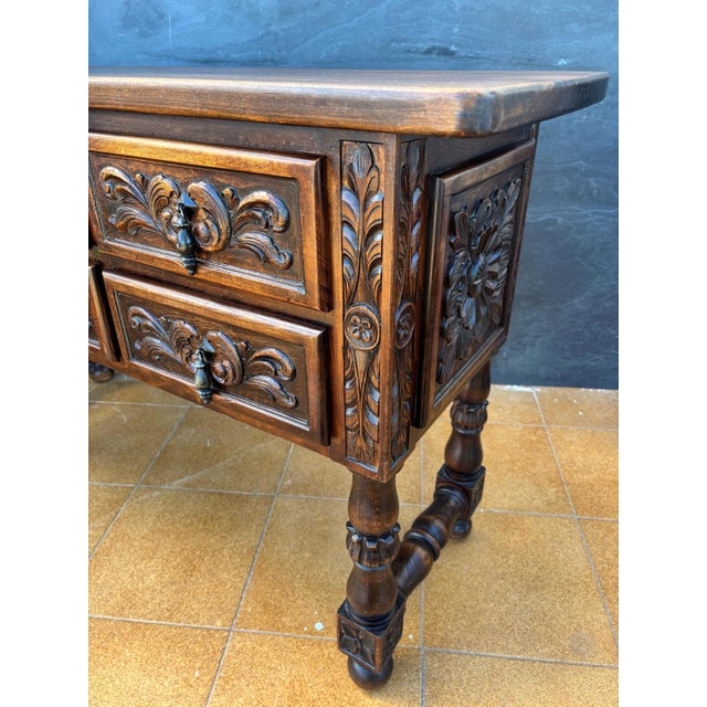 Spanish Renaissance Revival Oak Six-Drawer Console with Carved Panels, 1930s For Sale - Image 4 of 9
