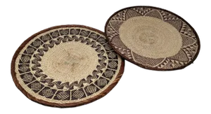 African Tribal Black and Brown Ilala Palm Organic Natural Straw Hand Woven Tonga Baskets - Set of Two (2)