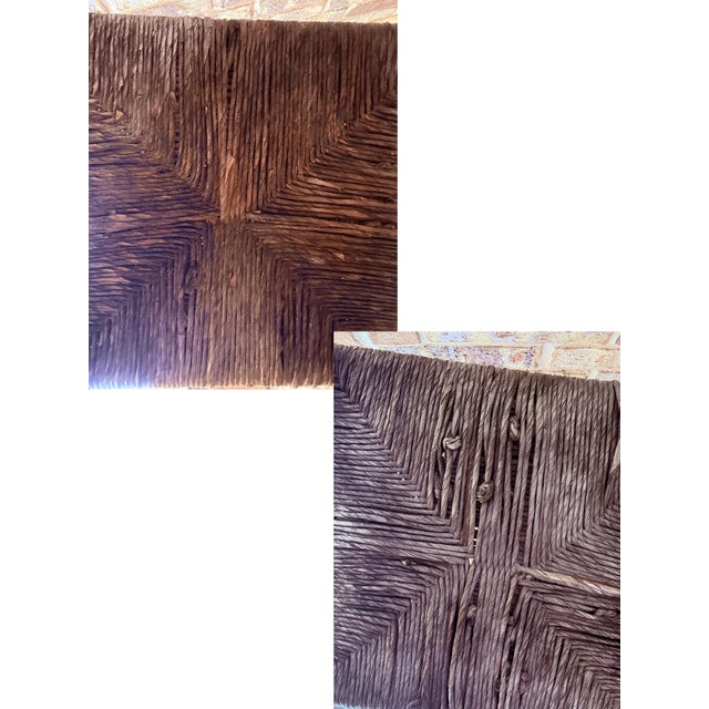 Wood Pair of Early 20th Century Rush Seat Ladderback Side Chairs With Distressed White Chippy Paint Finish For Sale - Image 7 of 12