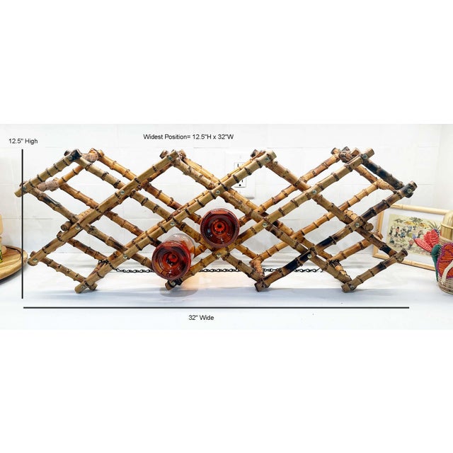 Vintage Expandable Bamboo Wine Rack | Folding Adjustable Wine Bottle Storage | Boho Coastal Hollywood Regency For Sale - Image 6 of 9