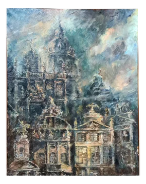 Alain Menghini, Baroque Buildings, Oil Painting on Canvas, Late 20th Century