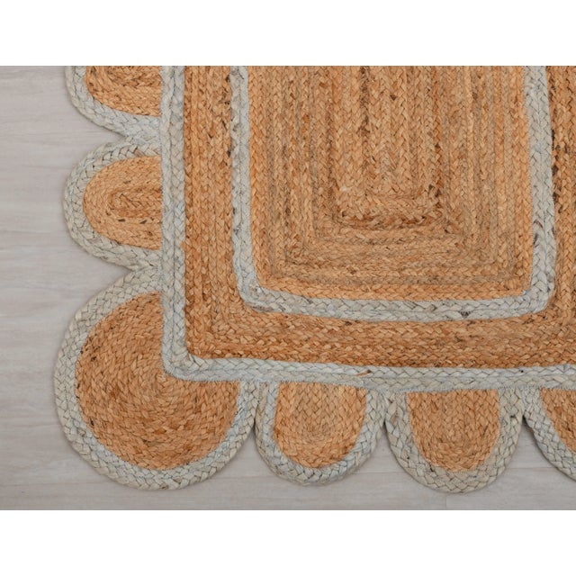 Light Blue Jute Scallop Handmade Bohemian Runner Rug 3x8Ft. For Sale - Image 6 of 12