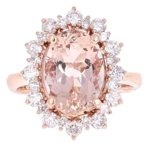 5.52 Carat Morganite Diamond 14 Karat Rose Gold Ring, Size 7.5