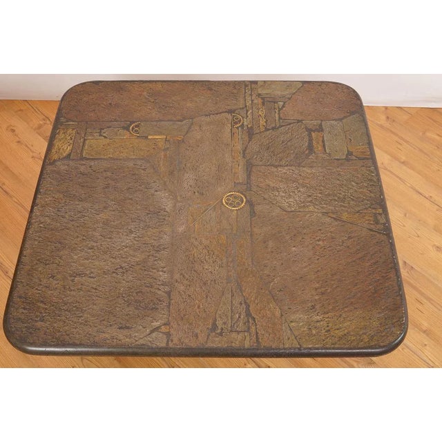 Brutalist coffee table by Marcus Kingma. This table is dated 1994, and signed M. Kingma. It has a heavy mosaic stone...