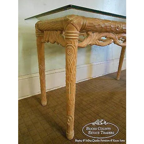 Mid-Century Modern Carved Naturalistic Solid Maple Glass Top Sofa Table For Sale - Image 3 of 12
