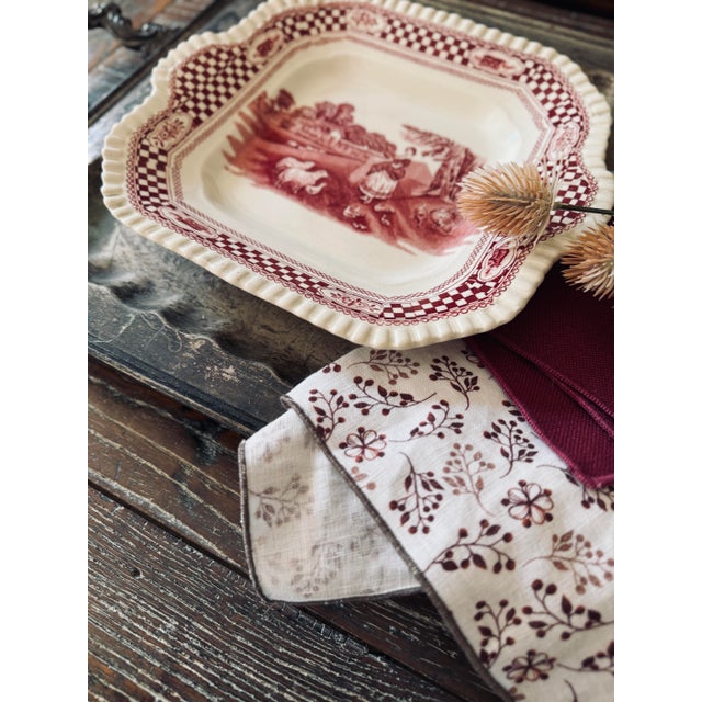 English Antique W. Adams & Sons Red Transferware Cake Plate | Old English Rural Scenes | Square Handled Serving Plate England For Sale - Image 3 of 12