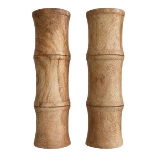 Natural Hand Carved Solid Mango Wood Large Bamboo Style Candle Holders Pillars (Set of 2) For Sale