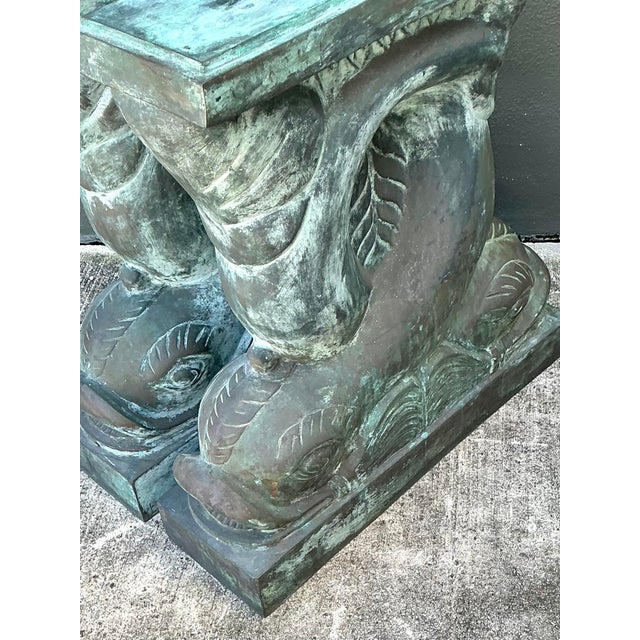 Vintage Patinated Bronze Dolphin Table Pedestals - A Pair For Sale - Image 4 of 12