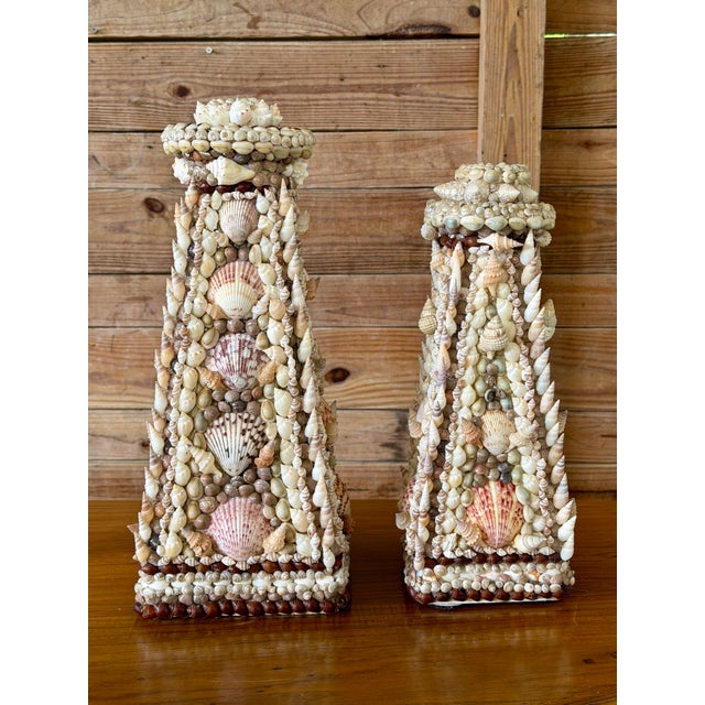 Vintage Handcrafted Coastal Seashell Encrusted Plaster Obelisk Candleholders, Pair For Sale - Image 11 of 12