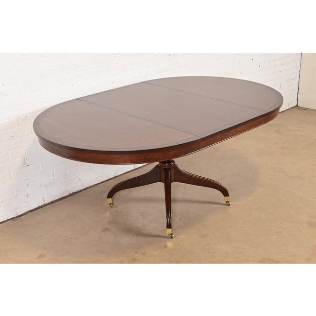 English Baker Furniture Style Regency Banded Cherry Wood Pedestal Extension Dining Table, Newly Refinished For Sale - Image 3 of 13