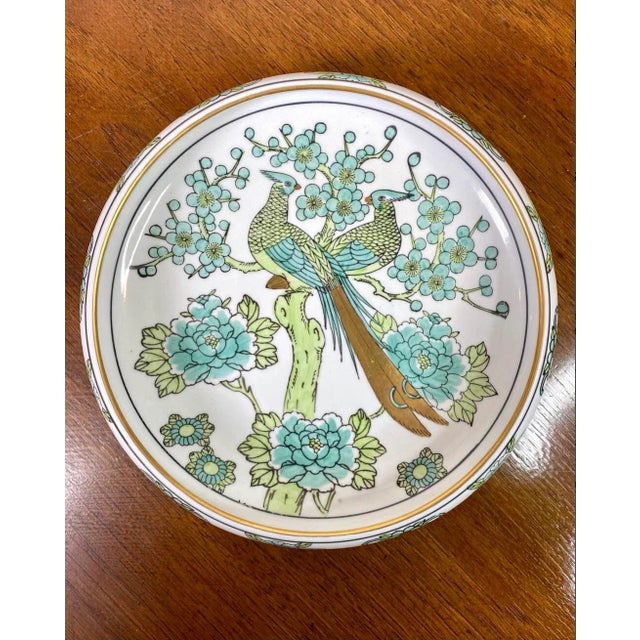 Gold Imari Decorative Bowl Hand-Painted With Peacock Pattern in Blues and Greens - Made in Japan For Sale - Image 11 of 11