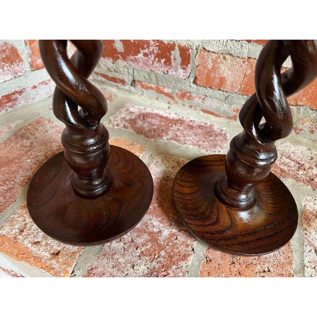 Pair Set Antique English Oak Open Barley Twist Candlesticks Candle Holder Brass For Sale - Image 9 of 12