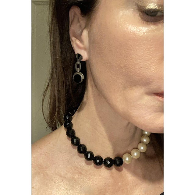 Art Deco Black Onyx Sterling Silver Art Deco Dangle Earrings, Pair, Pierced, Circa Late-20th Century For Sale - Image 3 of 12