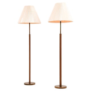 Floor Lamps in Leather and Brass with Original Shades, 1950s, Set of 2 For Sale