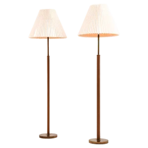 Floor Lamps in Leather and Brass with Original Shades, 1950s, Set of 2