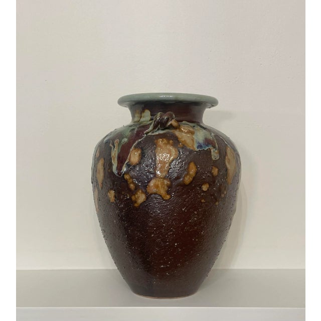 1920s Antique Abstract Asian Raku Ceramic Pottery Vase in Celadon, Camel, Chocolate Brown For Sale - Image 5 of 12