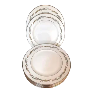 1990s Gorham Rondelle Floral Filigree Band on White, Pink and Blue Flowers, Platinum Rim Ivory Fine China Bread & Butter Plates - Set of 6