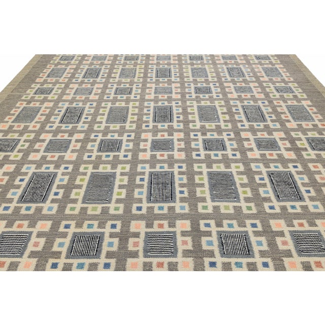 Nordic Geometric Handmade Wool Flatweave Rug in Charcoal, Off-White, and Pastels For Sale - Image 11 of 12