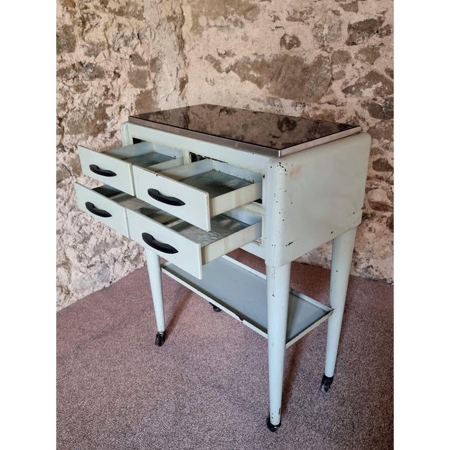 1960s Vintage French Medical Instrument Table Metal Cabinet with Glass Top, 1960s For Sale - Image 5 of 11