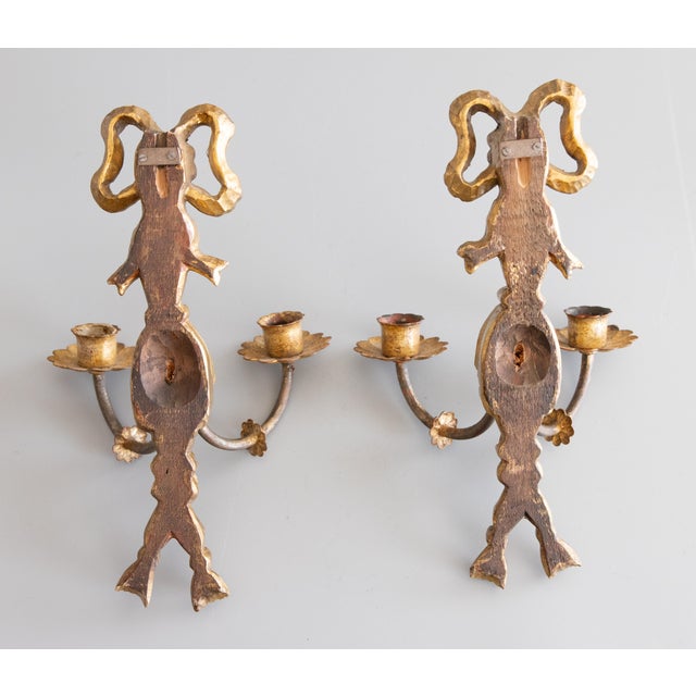 Vintage Italian Carved Giltwood Bows & Tassels Candle Sconces - A Pair For Sale - Image 11 of 12