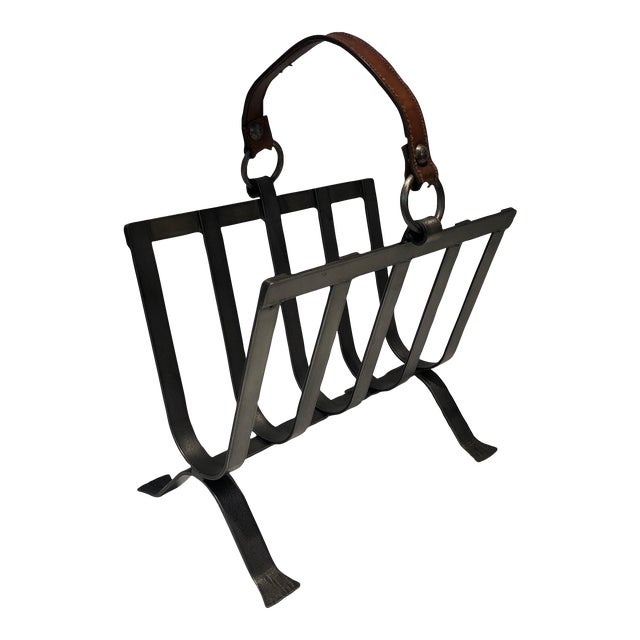 Magazine Rack in Steel and Leather. French Work in the Style of Jacques Adnet. For Sale