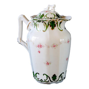 Antique Hand-Painted Porcelain Chocolate Pot With Roses & Green Scrollwork