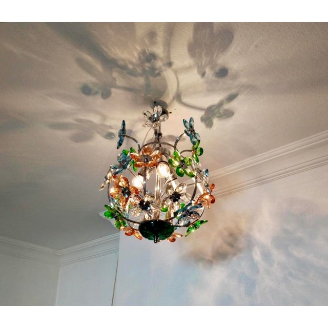 1960s 1960s Italian Style Hand-Painted Crystal Flower Globe Chandelier, 3-Light For Sale - Image 5 of 9