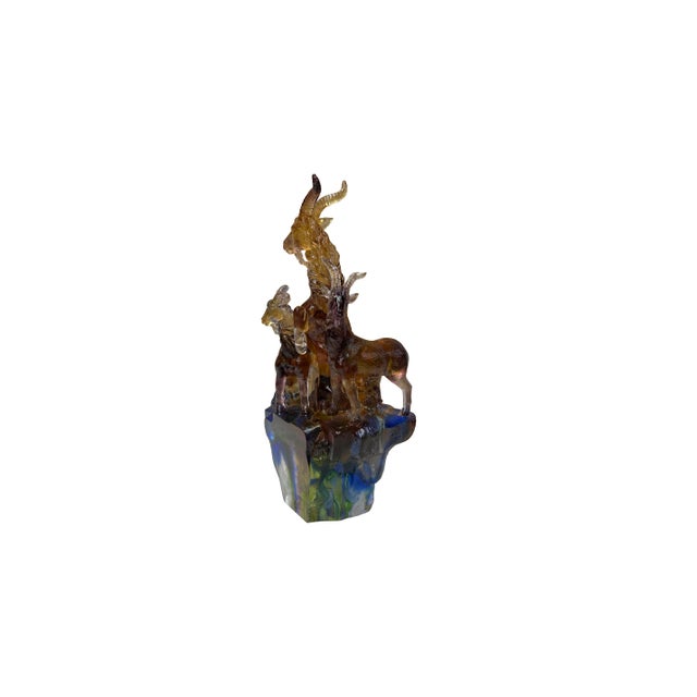 Golden Orange 3 Rams Crystal Glass Fengshui Display Art Figure For Sale - Image 10 of 12