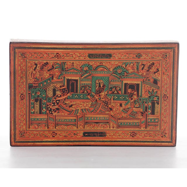 Southeast Asia Hand-Painted Red Burmese Nandwin Lacquered Betel Box For Sale - Image 4 of 5