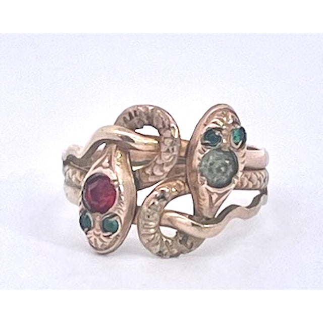 Antique Victorian 14k Yellow Gold Double Snake Ring With Gemstones, Size 6.5 For Sale - Image 11 of 14