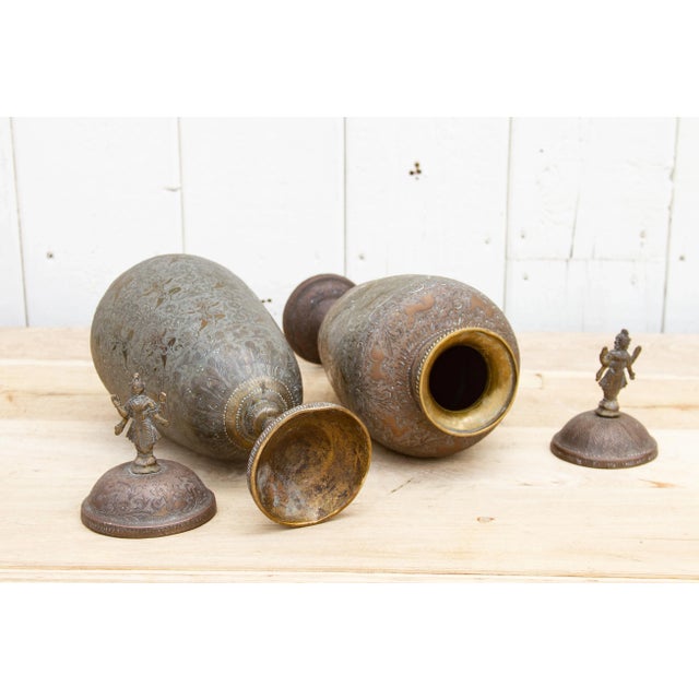 Pair of Midcentury Brass Engraved Vessels For Sale - Image 9 of 10