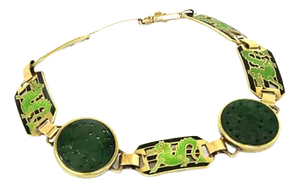 Carved Jade & Enamel 14k Yellow Gold Link Bracelet
