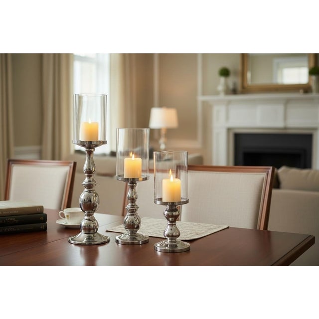 Mid-Century Modern Vintage Towle Chrome-Plated Metal Candle Holders With Hurricane Glass Shades - A Set of 3 For Sale - Image 3 of 12