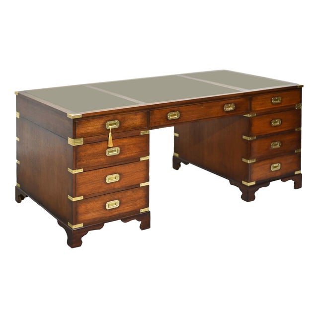 Mid Century English Campaign Mahogany Partner Desk Green Leather Top For Sale
