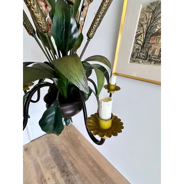 Mid-Century Modern French Country Tole Botanical Five-Light Chandelier with Cattails and Flowers, 1960s For Sale - Image 3 of 17