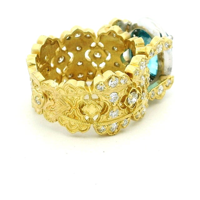 2000 - 2009 Stambolian 18k Gold Blue Zircon and Diamond Cocktail Ring, Size 8.75 For Sale - Image 5 of 14