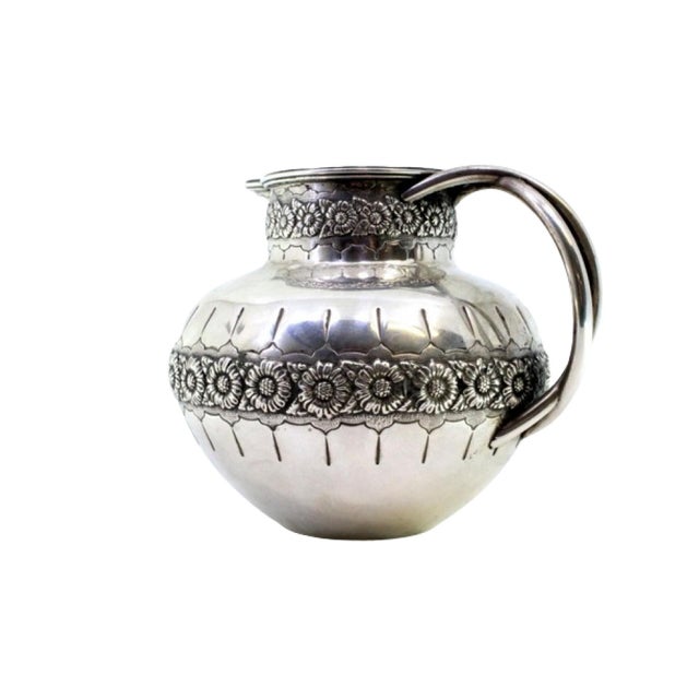 Rounded Silver Wine Jug with Floral Motifs, Double Handle and Beaded Rim For Sale - Image 9 of 9