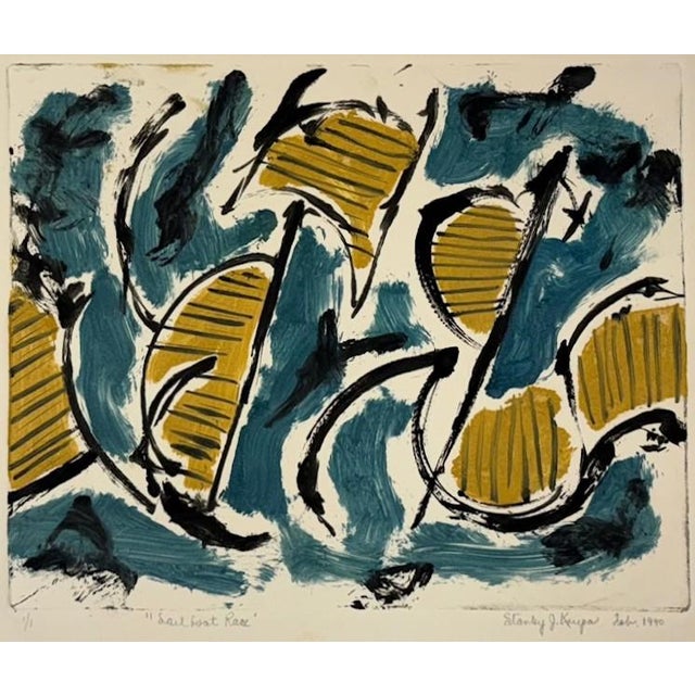 1990, "Sailboat Race", Abstract Expressionist, Monoprint, Artist Stanley J. Krupa For Sale
