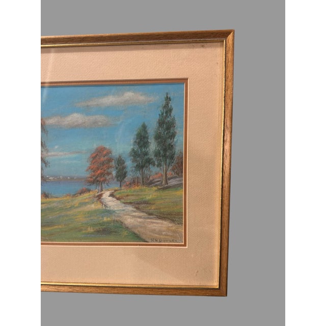 American Vintage Riverside Landscape Framed Pastel Watercolor Painting With Trees For Sale - Image 3 of 6