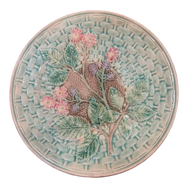 Majolica Basketweave Design With Berries and Flowers For Sale