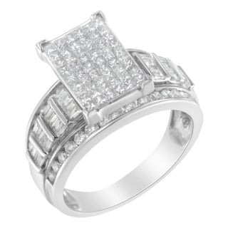 14K White Gold 2.0 Cttw Mixed-Cut Diamond Rectangle Invisible-Set Composite Cluster Ring with Band - Size 5 For Sale