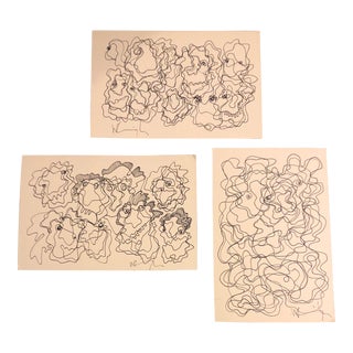 Gallery Wall Collection-3 Vintage Wayne Cunningham Abstract Ink Drawings-Set of 3 For Sale