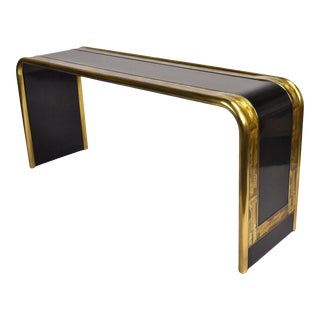 1970s Bernhard Rohne Mastercraft Acid Etched Brass Black Lacquer Sofa Table For Sale