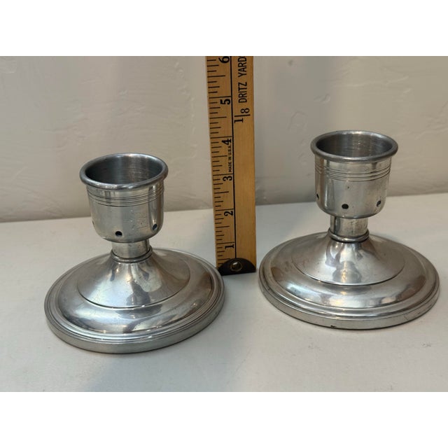 Silver Pair of Josten's Pewter Candleholders Made in England Star Engraved For Sale - Image 8 of 11